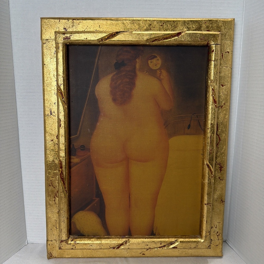 FERNANDO BOTERO Reproduction Women Looking In Mirror WITH FRAME IN GOLDEN Tone